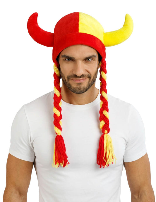 Cască din material textil cu coarne și împletituri, pentru susținători, roșie și galbenă, Spania