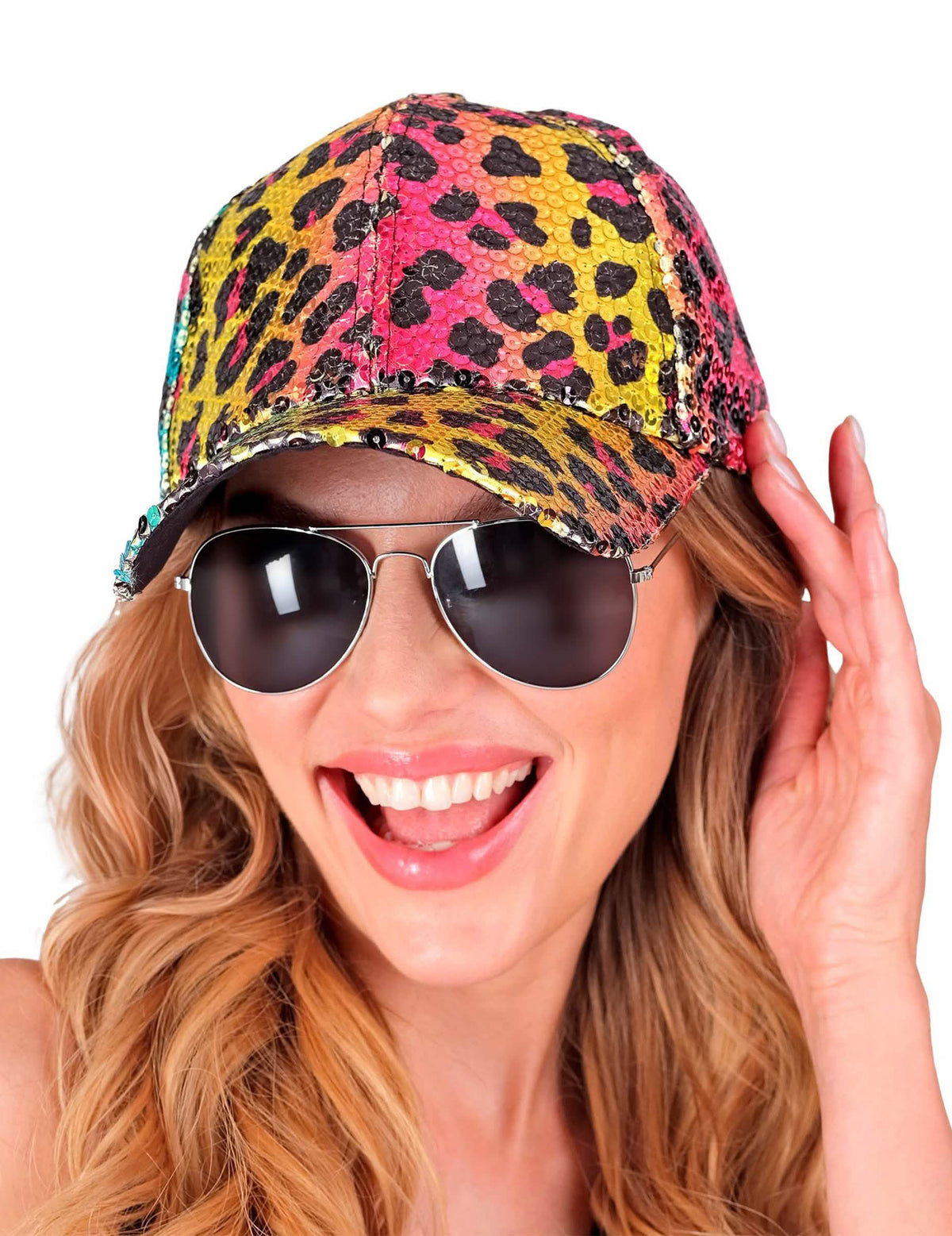 Gros plan de la casquette à sequins léopard pour adulte
