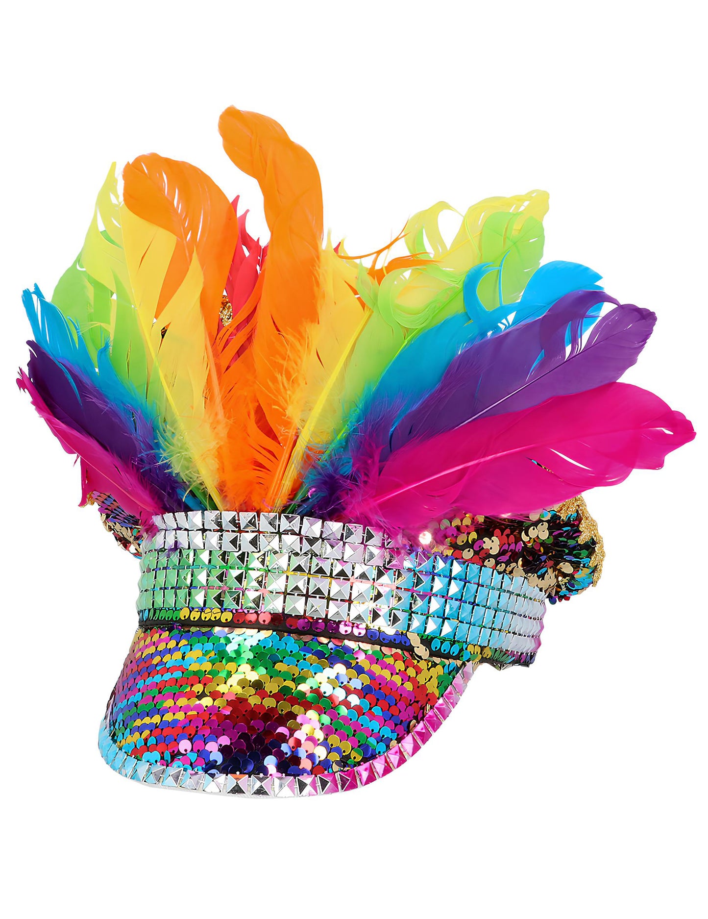 Casquette Arc-en-ciel avec sequins et plumes adulte