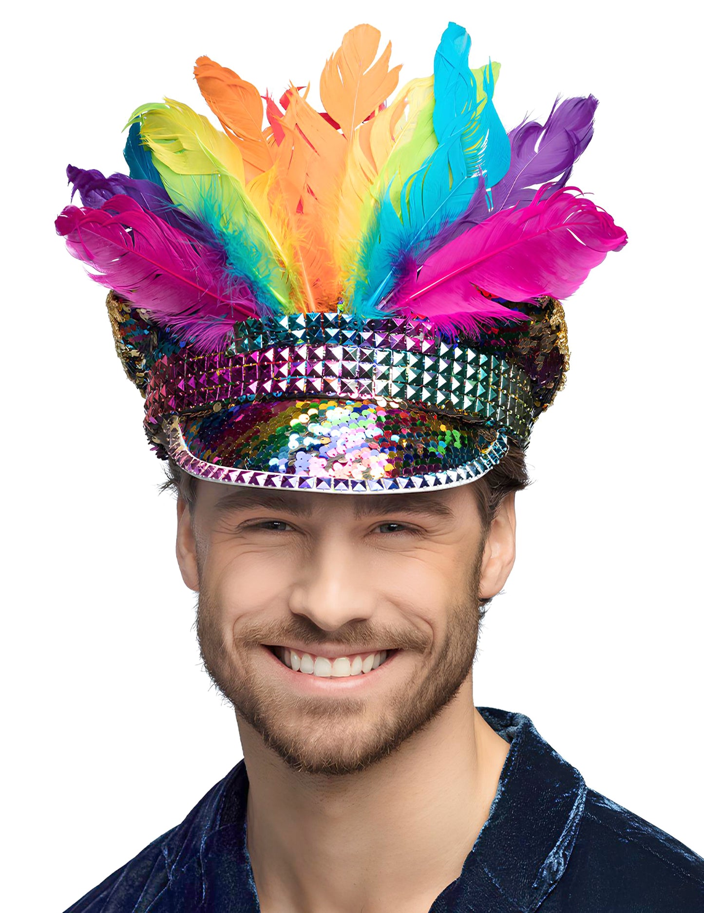 Casquette Arc-en-ciel avec sequins et plumes adulte