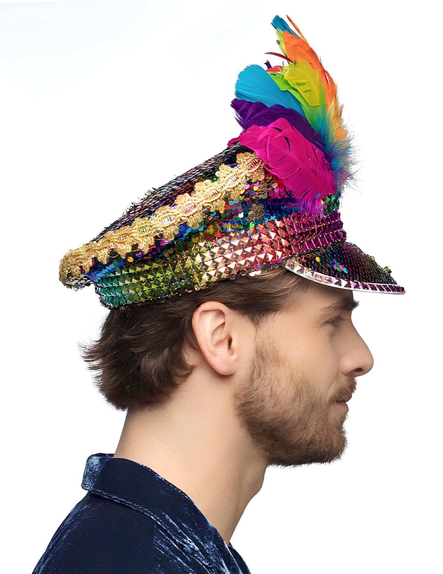 Casquette Arc-en-ciel avec sequins et plumes adulte