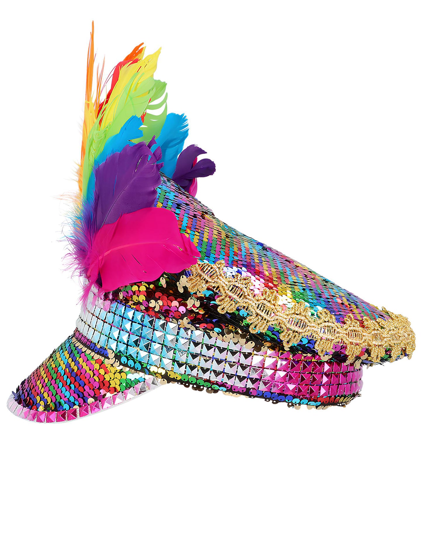 Casquette Arc-en-ciel avec sequins et plumes adulte