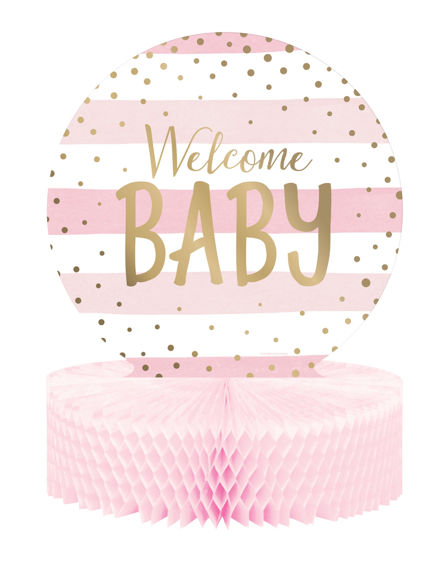 Centre de table en papier alvéolé Welcome Baby pour baby shower rose et blanc à pois dorés