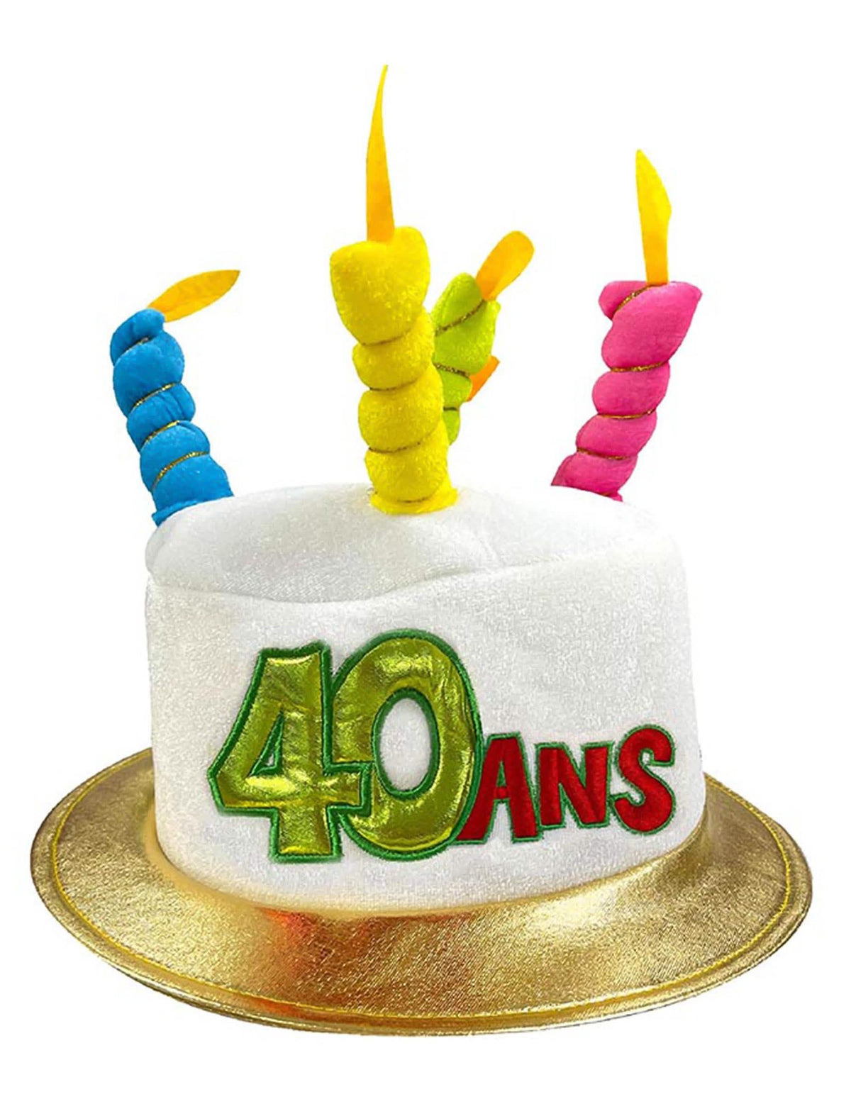 Pălărie de aniversare 40 ani pentru adult alb în formă de tort cu lumânări colorate