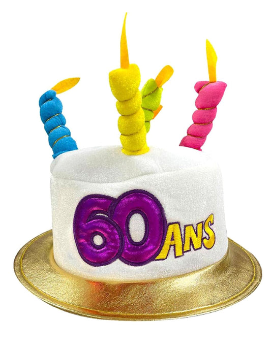 Vue de face du chapeau gâteau 60 ans pour adulte