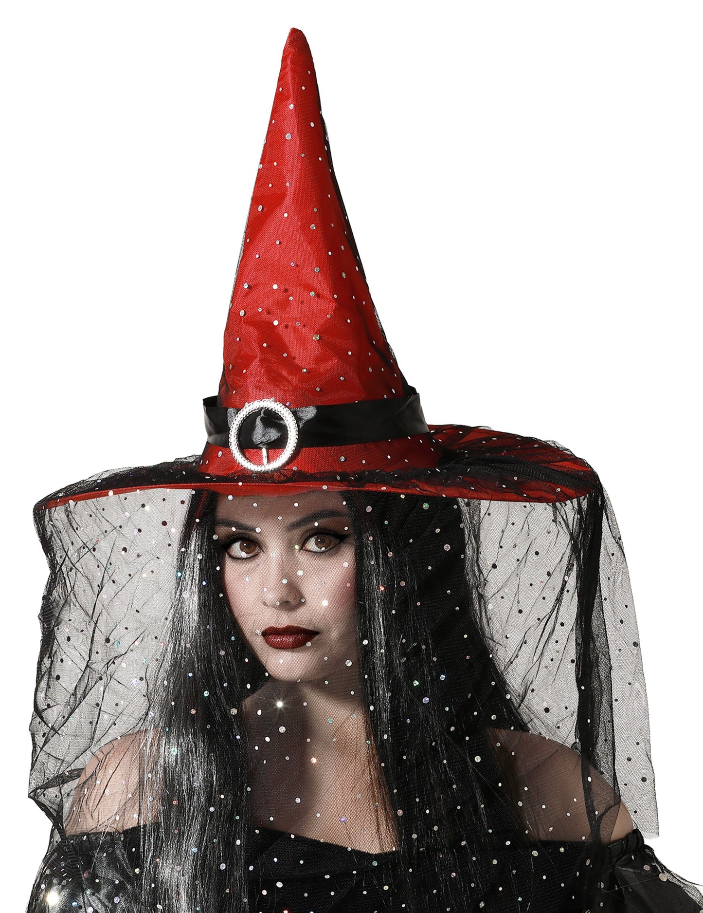 Chapeau de sorcière rouge avec voile
