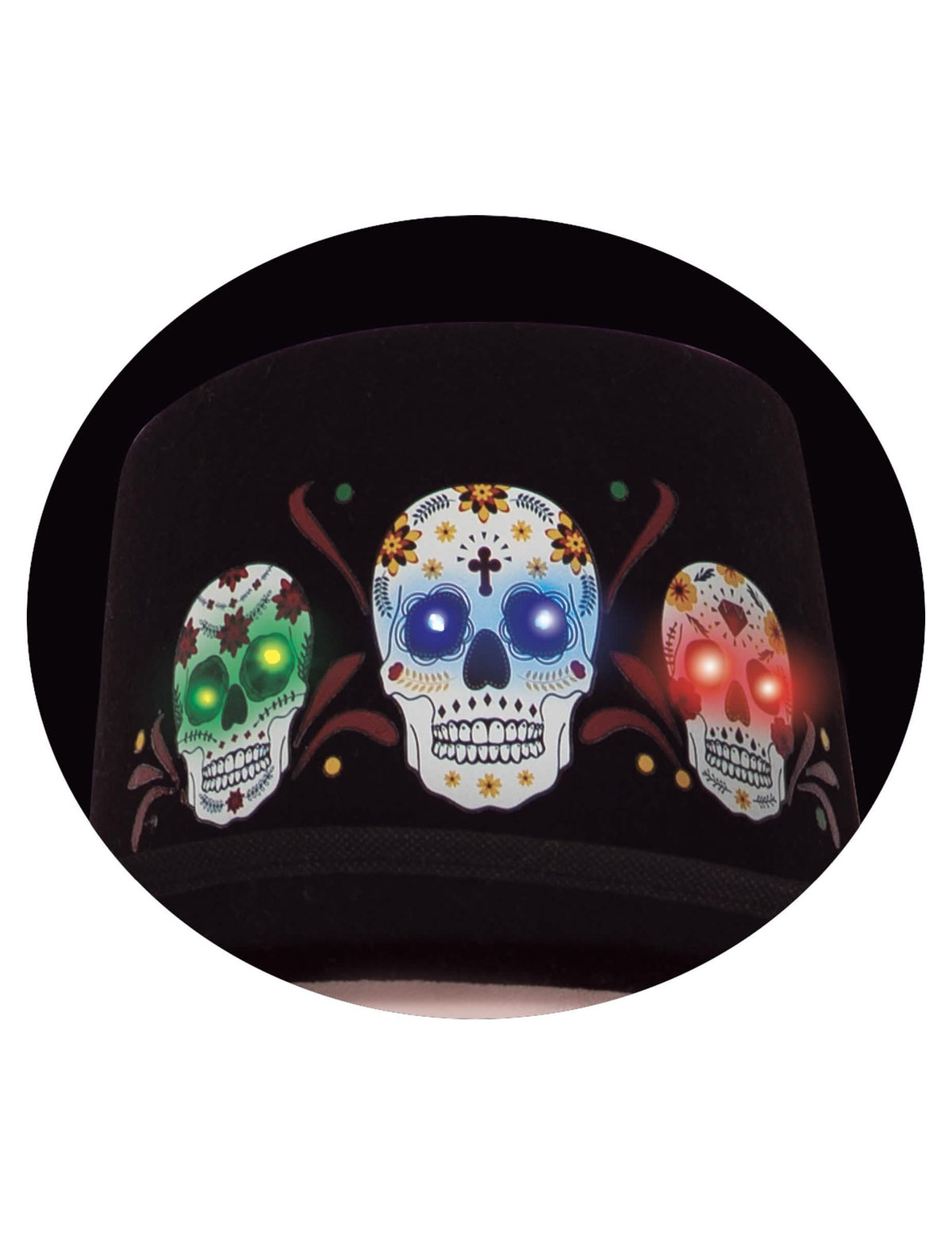 Prim-plan pe craniile luminoase ale pălăriei luminoase Dia de los muertos