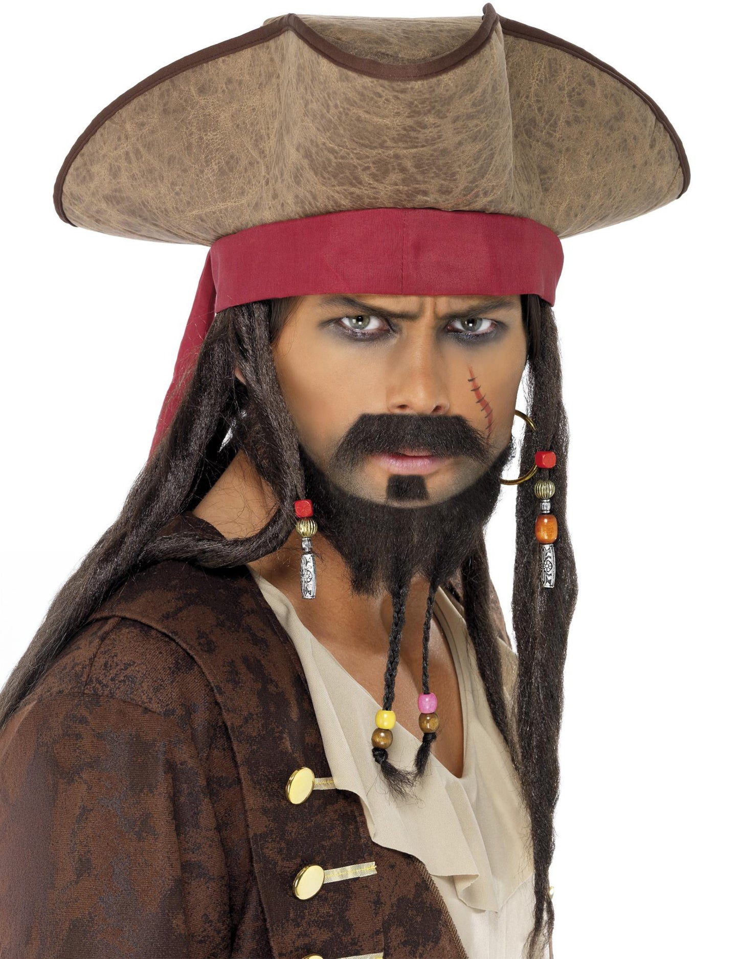 Pălărie de pirat pentru bărbați, maro, cu bentiță roșie