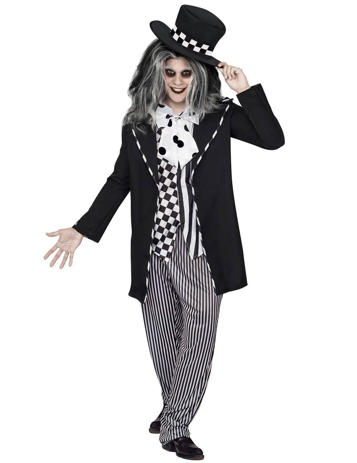 Costum de pălărier nebun, basm, halloween pentru bărbat alb și negru