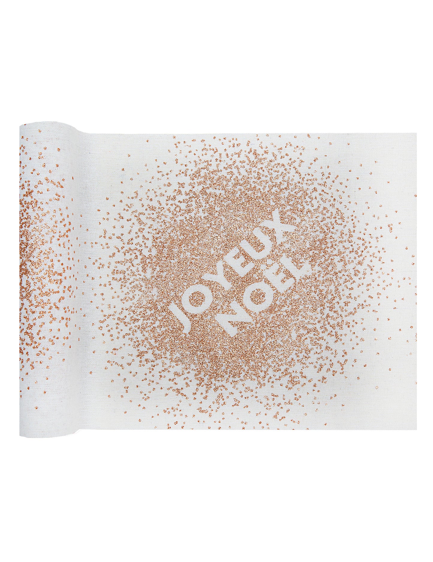 Traversă de masă din bumbac alb cu sclipici auriu-roz și design „Crăciun fericit”, 3m x 28cm cm