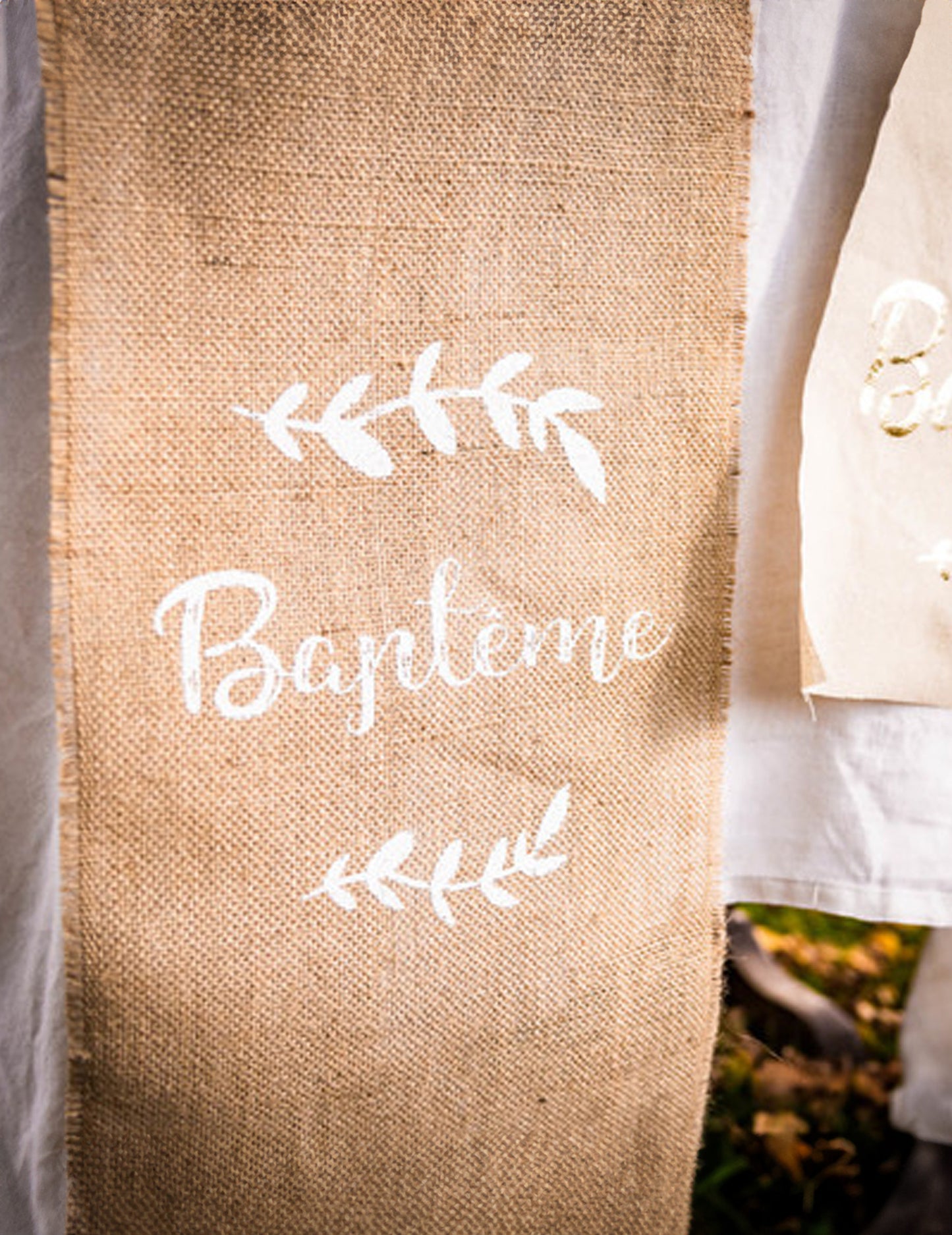 Cornișă de masă din pânză de sac pentru botez cu frunze, 5 m