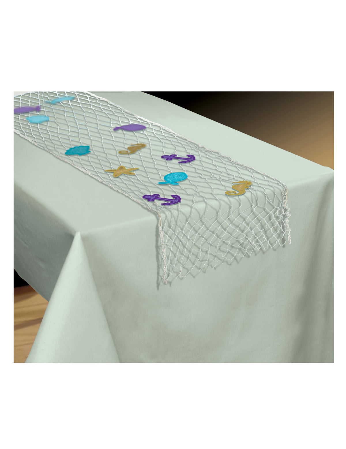 Chemin de table filet de pêche sirène blanc décoré de motifs marins colorés