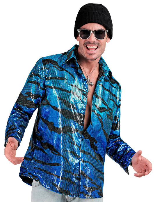 Vue de face de la chemise à sequins vague bleue