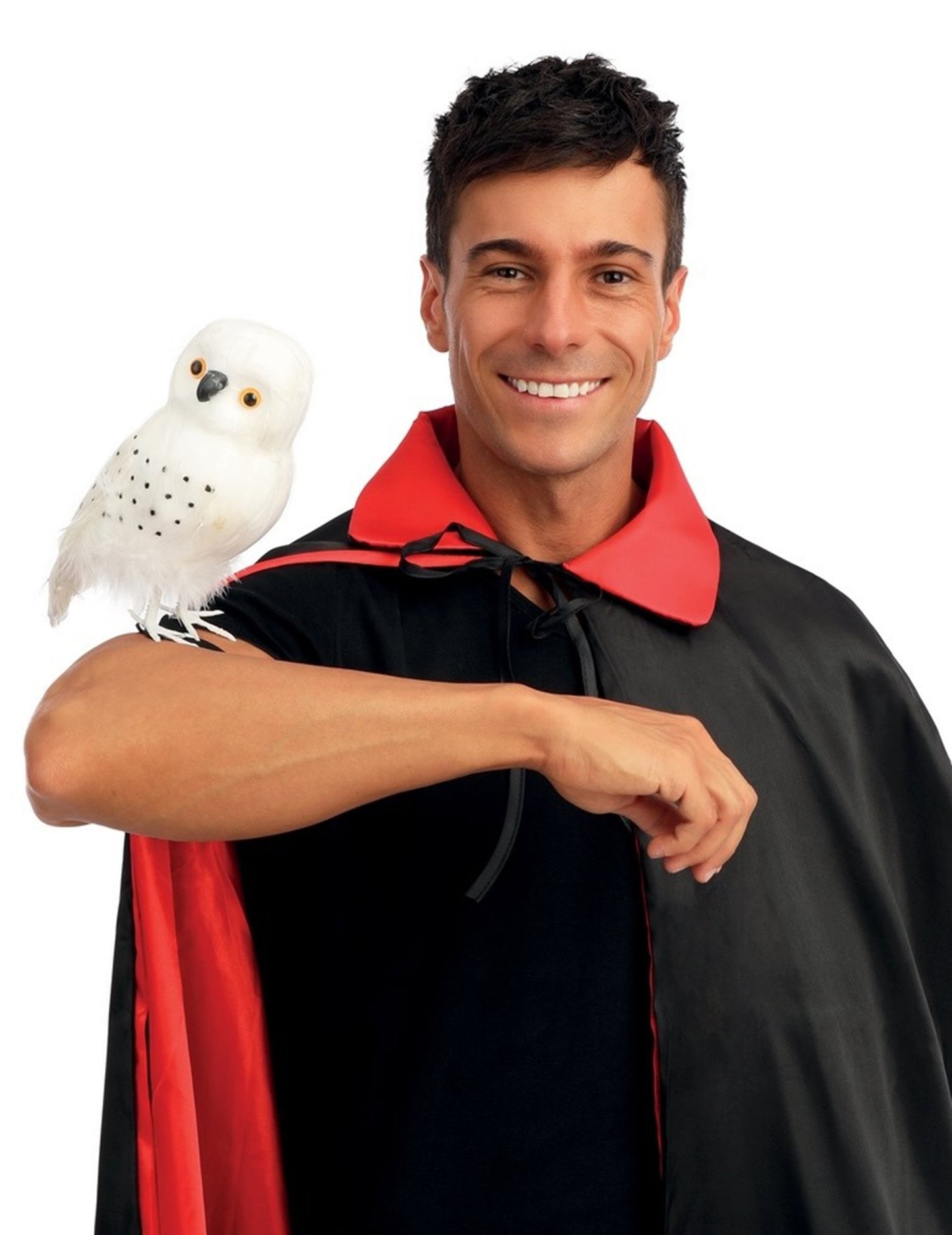 Mise en situation sur le bras de la chouette de sorcier pour déguisement blanche