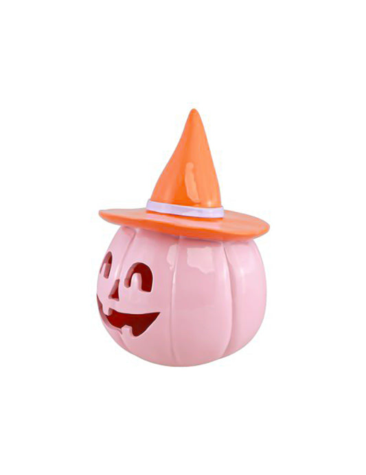 Citrouille en résine rose pastel avec chapeau orange 17 cm