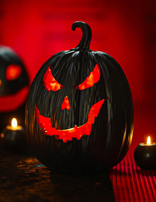 Citrouille démon décorative en résine noire et rouge avec LED 21 x 21 x 29 cm