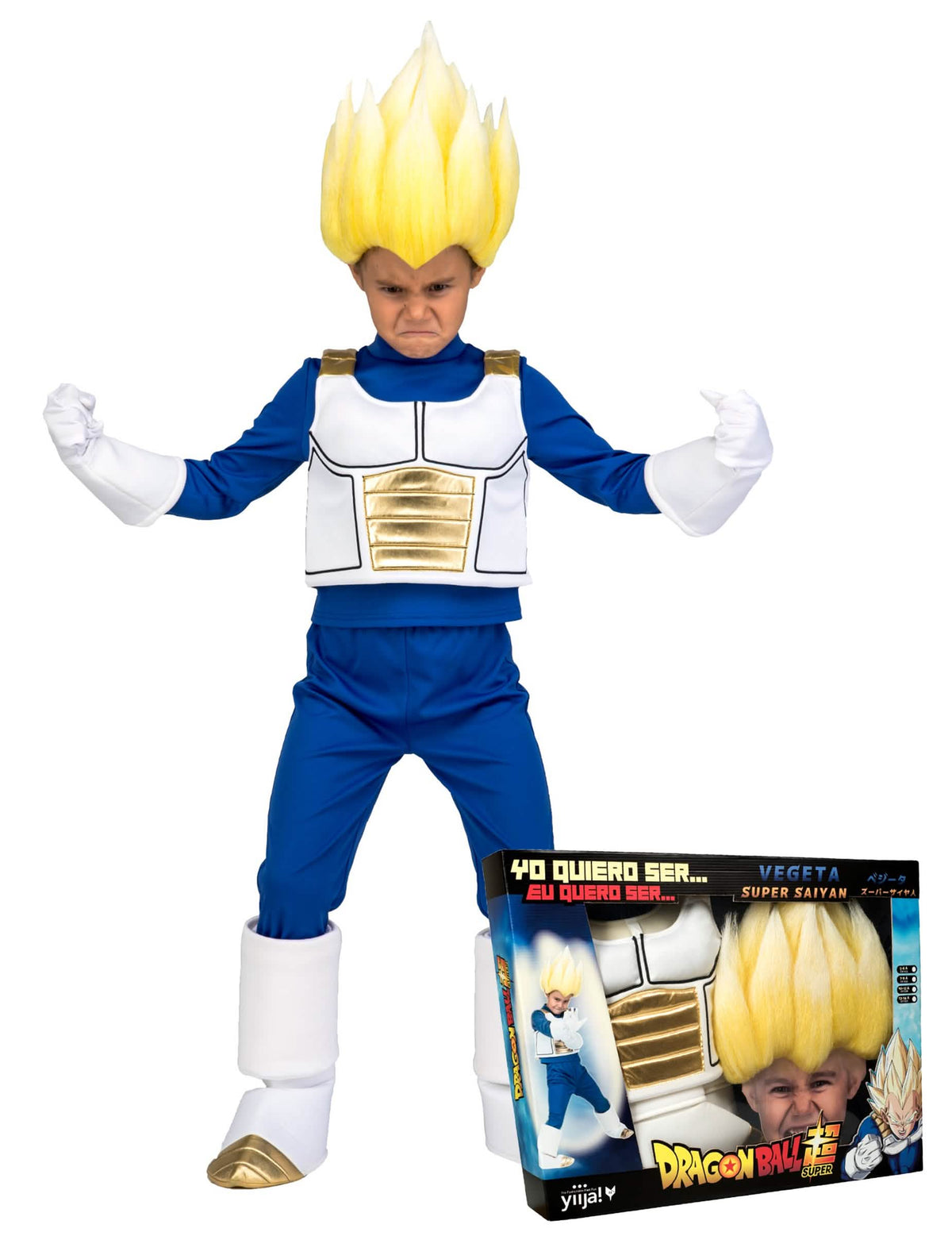 Vedere din trei sferturi a cutiei de costum Super Saiyan Vegeta Dragon Ball