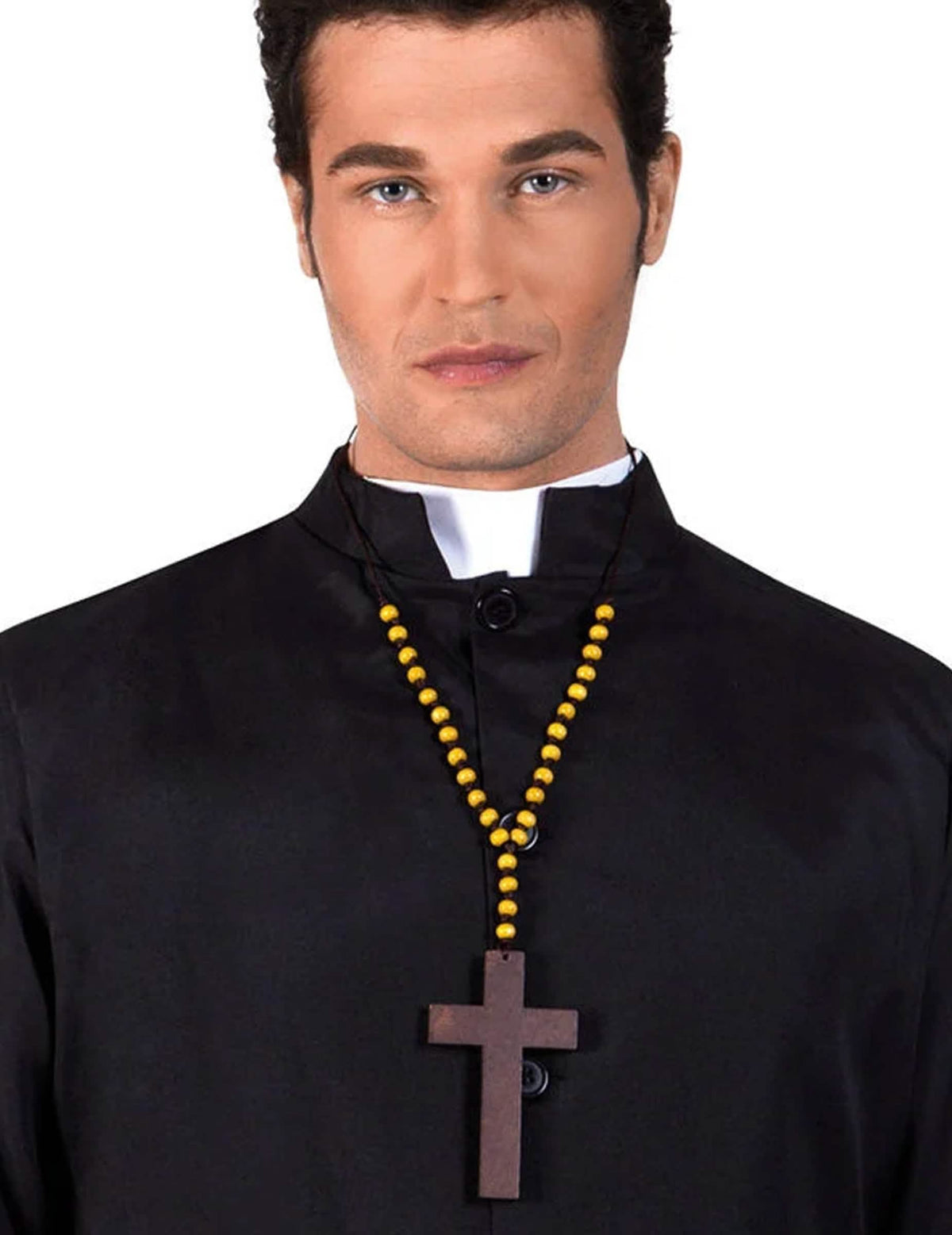 Colier cruce de călugăr pentru adult maro cu perle galbene