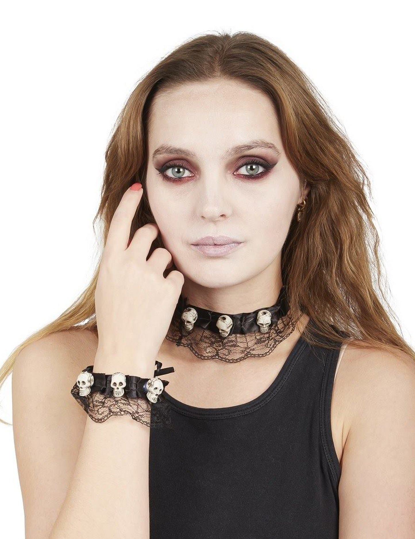 Colier și brățară din dantelă cu craniu de Halloween