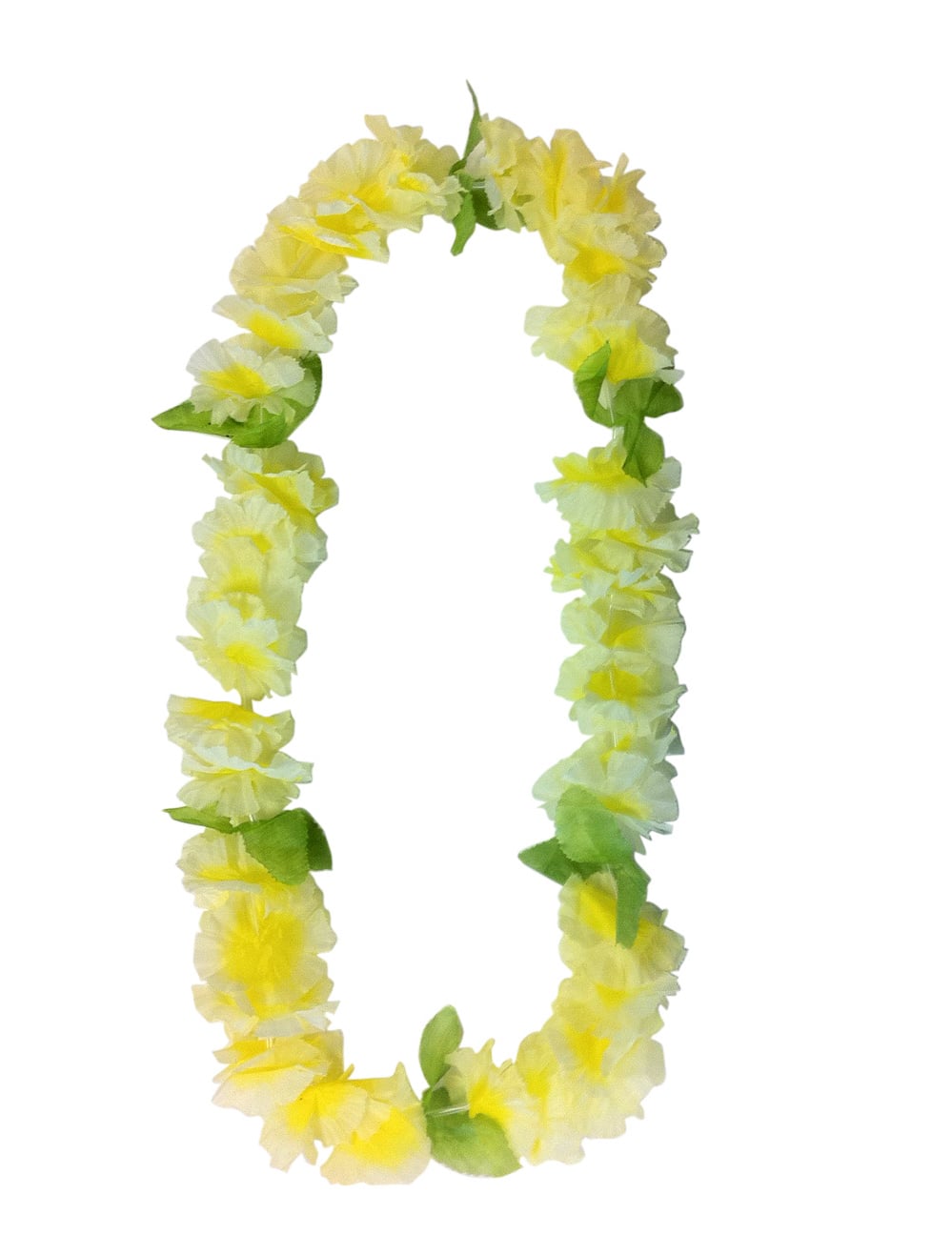 Collier de fleurs hawaïennes pour adulte jaune et blanc avec feuilles vertes