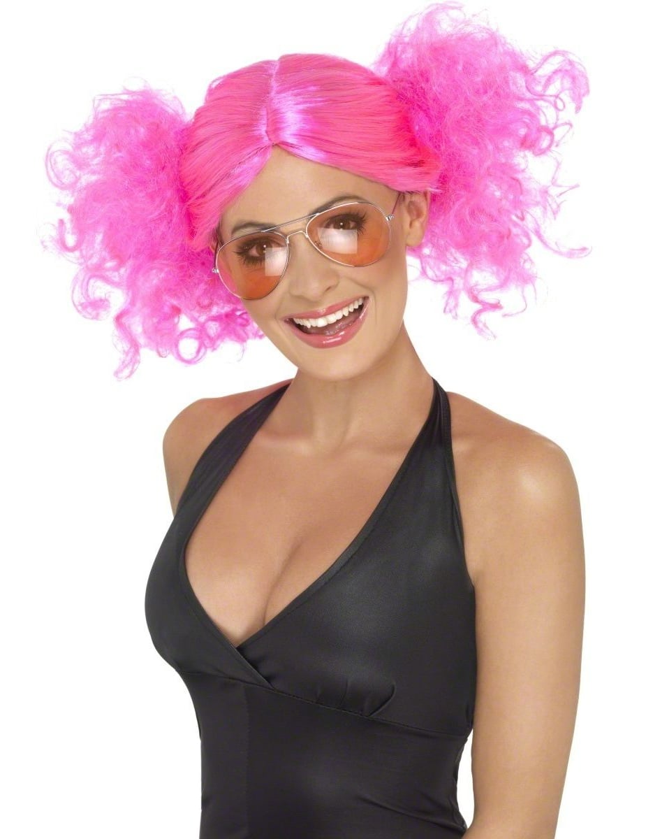 Perruque rose fluo pour femme à deux couettes frisées