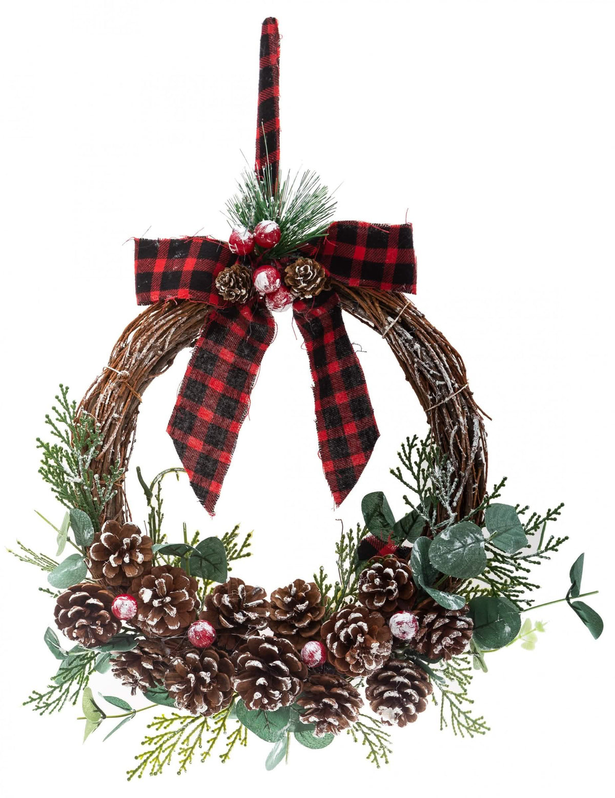 Coroană de agățat cu fundă tartan și conuri de pin pentru decor roșu și verde cu eucalipt și boabe