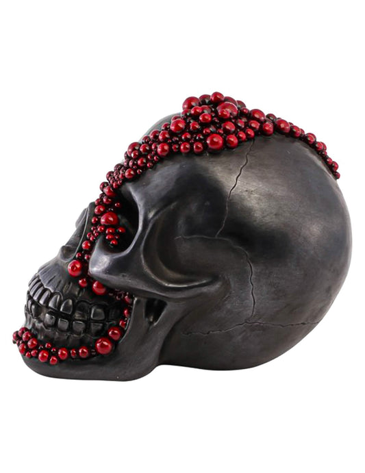 Crâne décoratif en résine noir avec perles rouge sang 15 x 23 x 18 cm