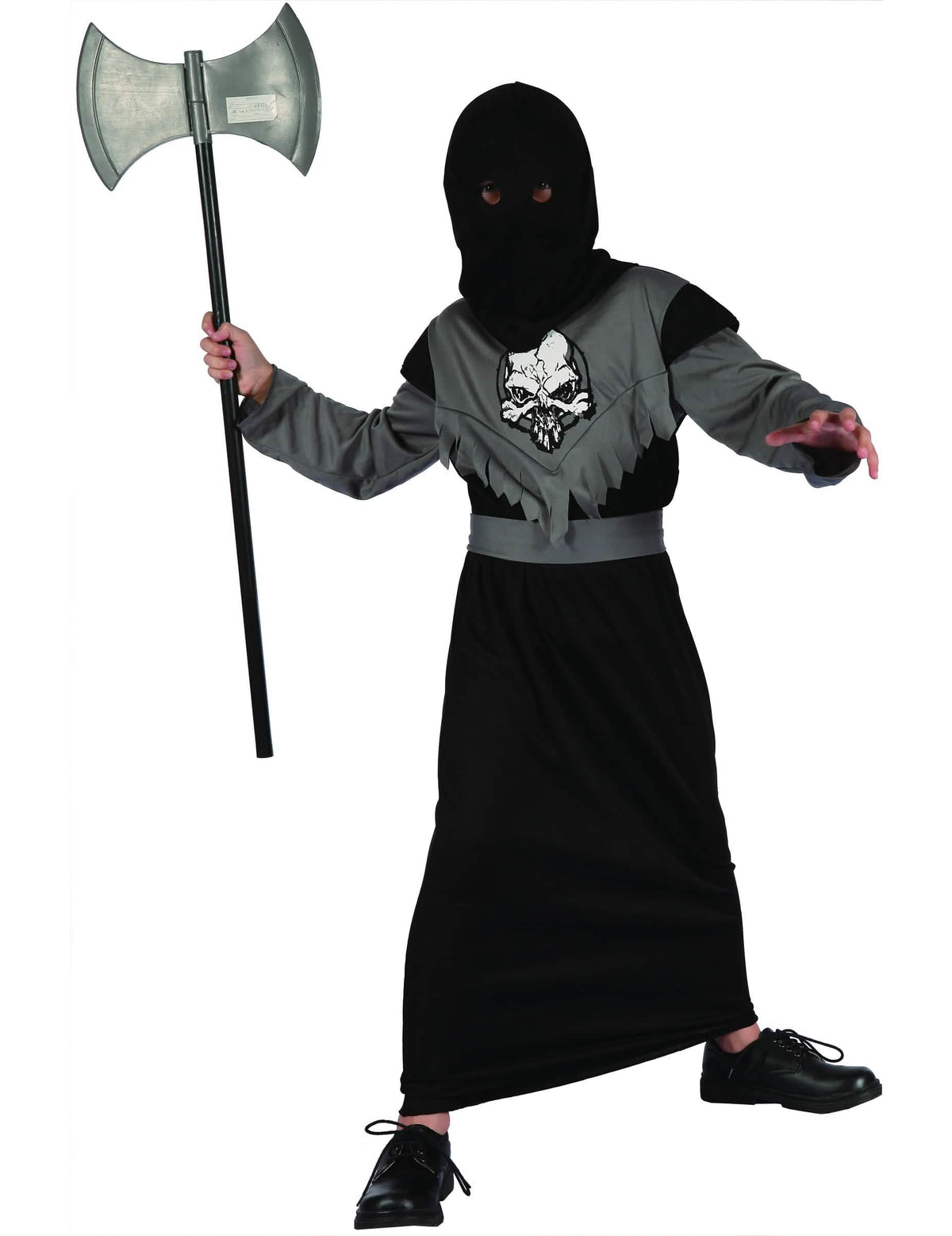 Costum de călău pentru băiat negru și gri cu cap de mort și topor