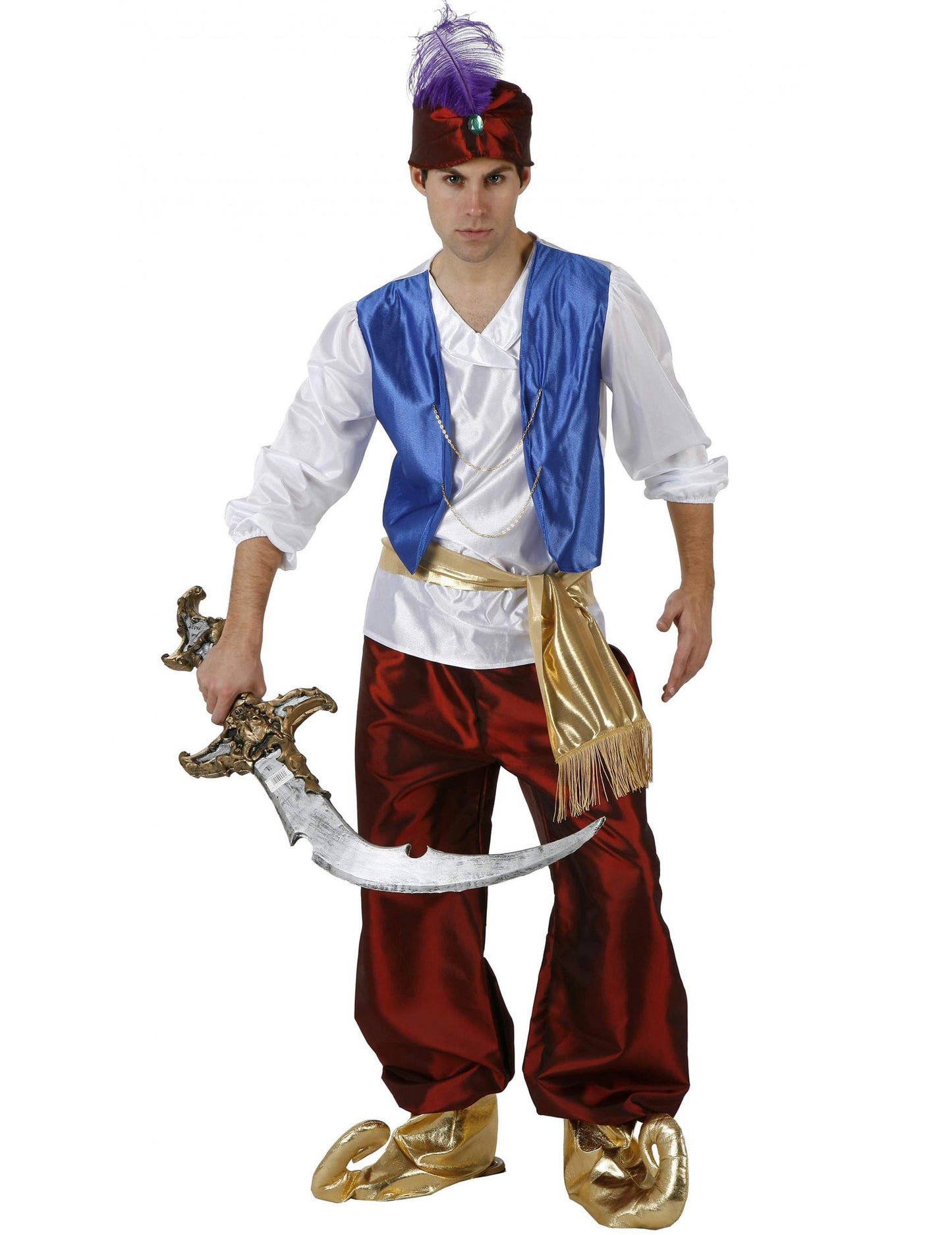 Costum de prinț arab pentru bărbați, albastru și roșu, cu turban cu pană