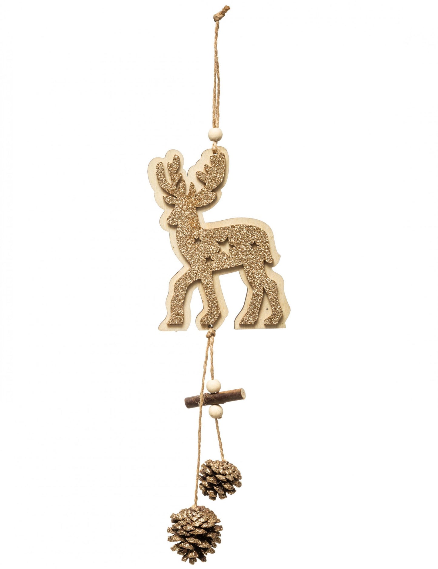 Decorațiune suspendată: ren auriu din lemn și conuri de pin, 35 cm