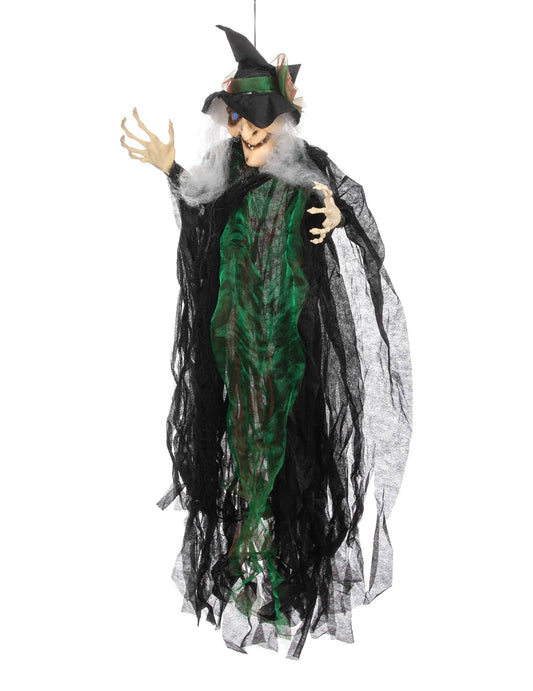 Decorațiune suspendabilă vrăjitoare pentru halloween, neagră și verde, luminoasă