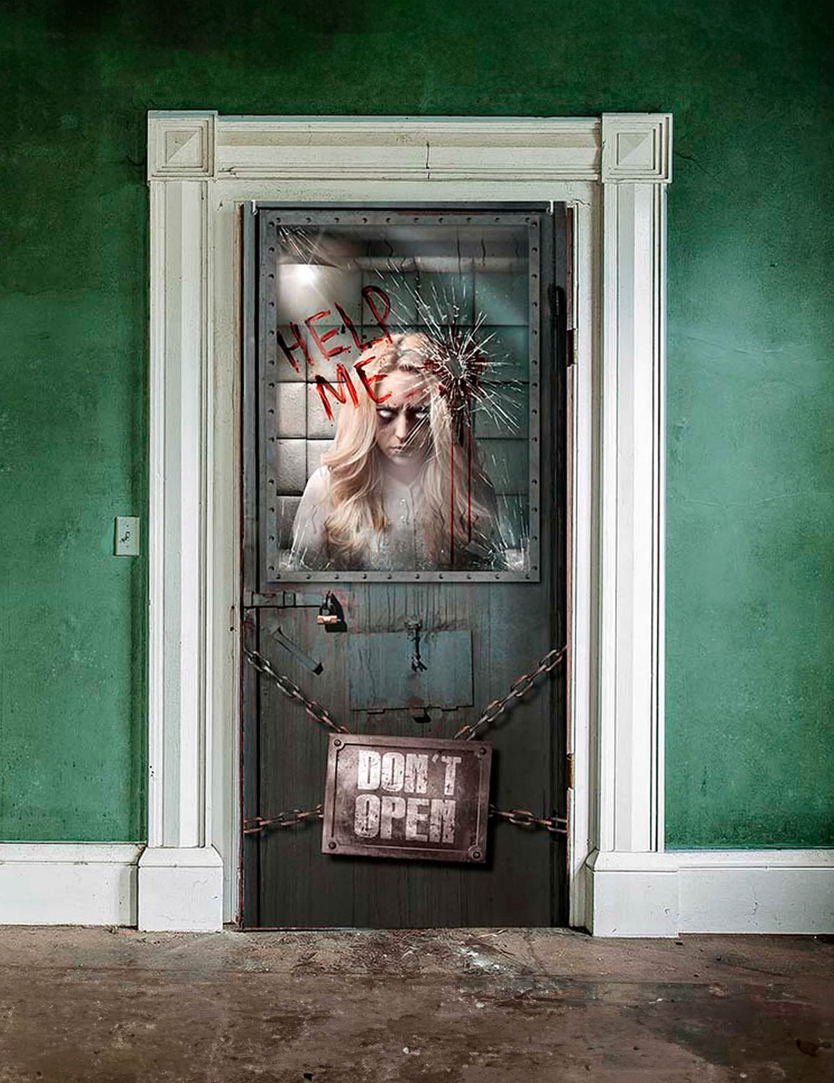 Décoration de porte psychiatrique pour Halloween avec patiente et inscription Help Me