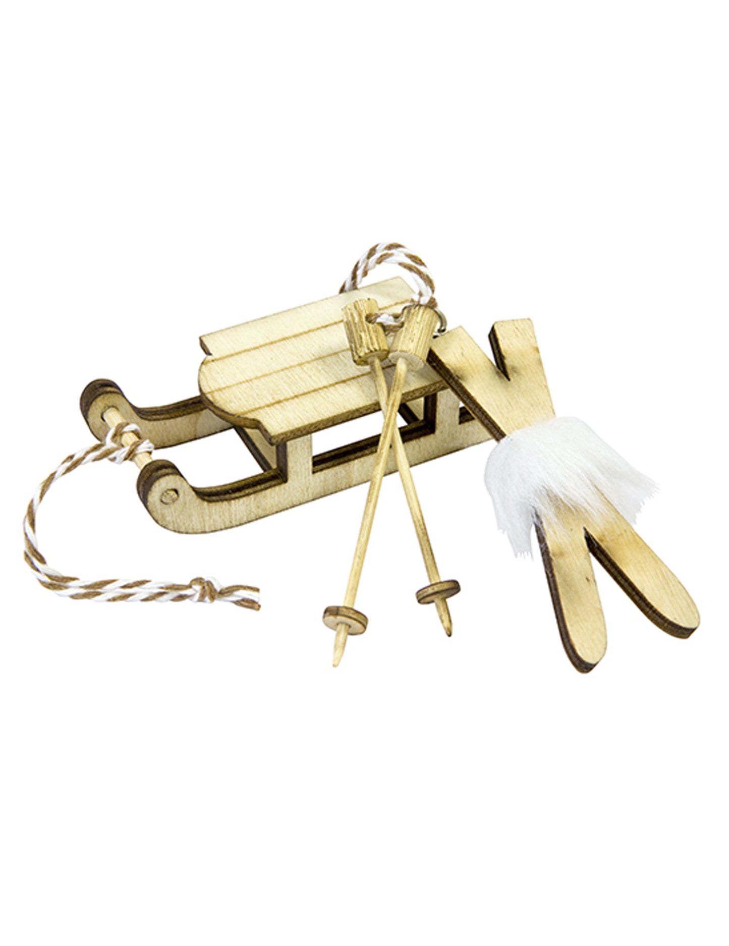 Ornament din lemn reprezentând o sanie și o pereche de schiuri, 7,8 x 3 cm de Crăciun