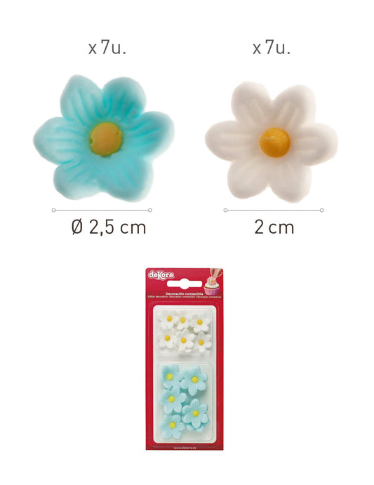 Dimensions et emballage des décorations en sucre marguerites bleues et blanches