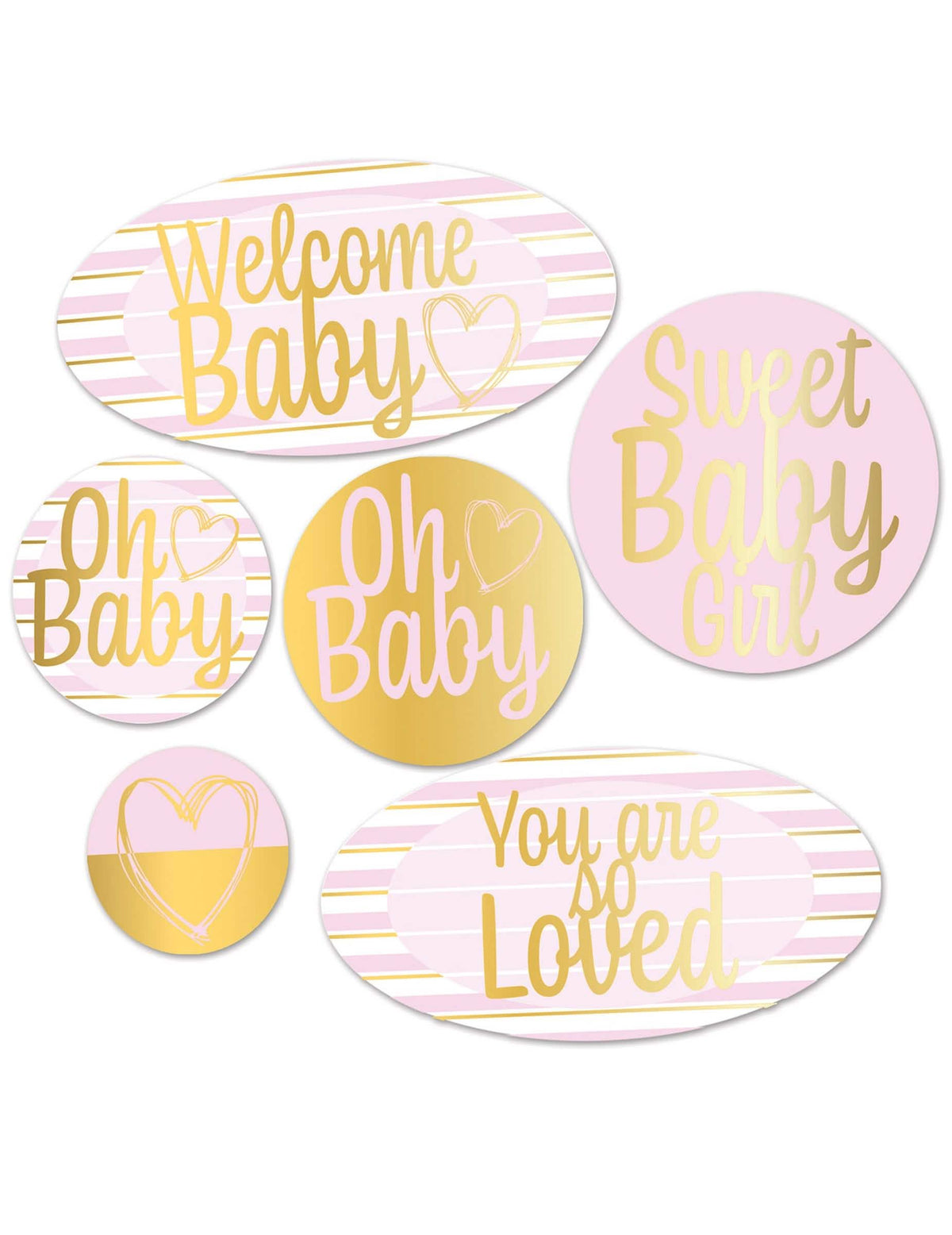 6 decorațiuni din carton Welcome Baby pentru baby shower roz și auriu