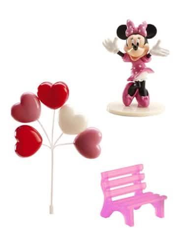Kit de decorațiuni pentru tort Minnie cu figurină banc roz și baloane cu inimi