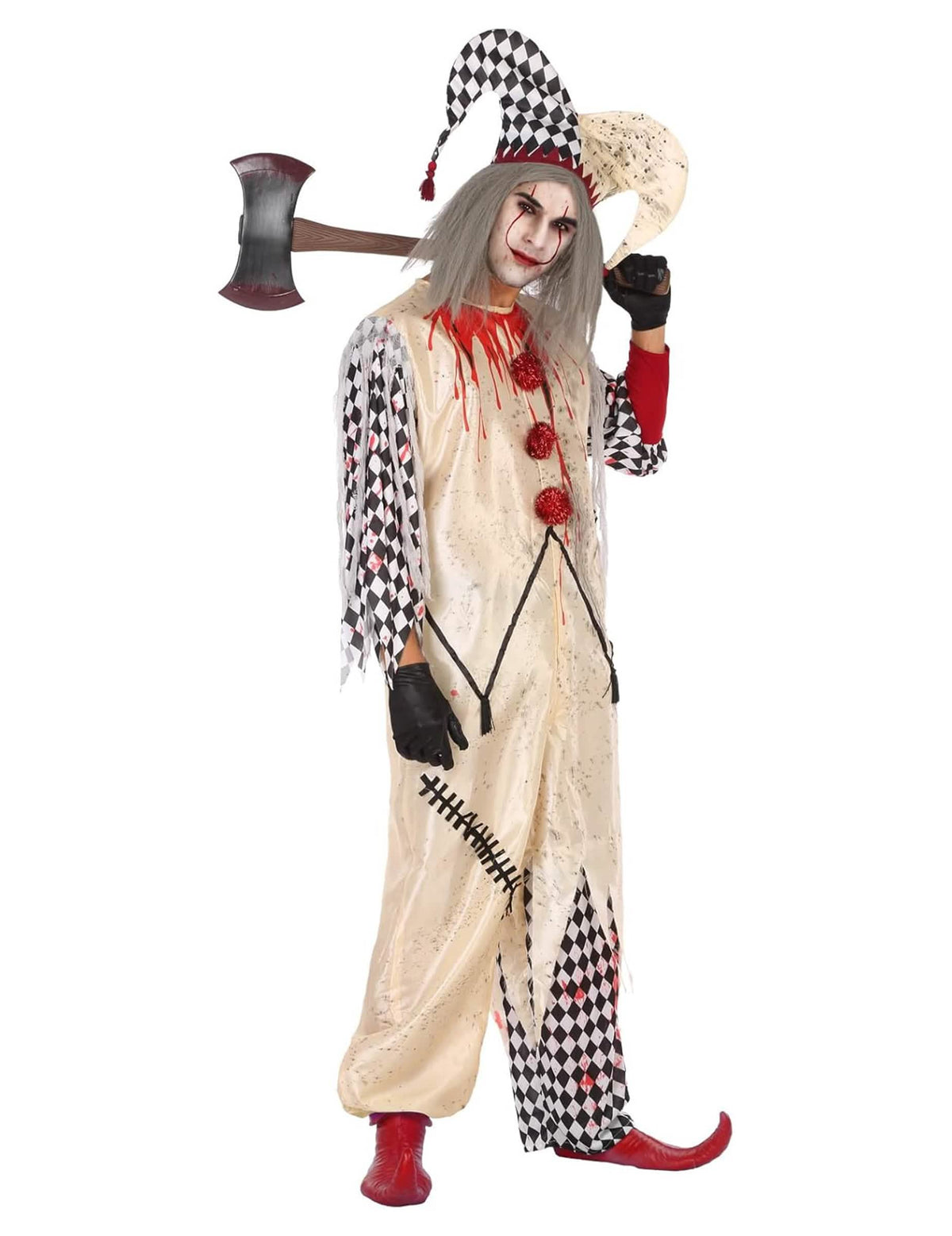 Costum de arlechin însângerat pentru bărbat bej și negru cu topor