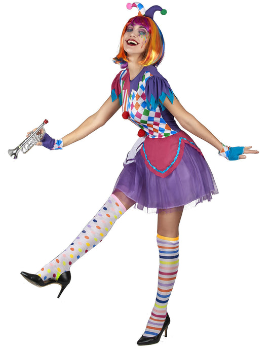 Vue de profil du déguisement d'arlequin à pompons colorés