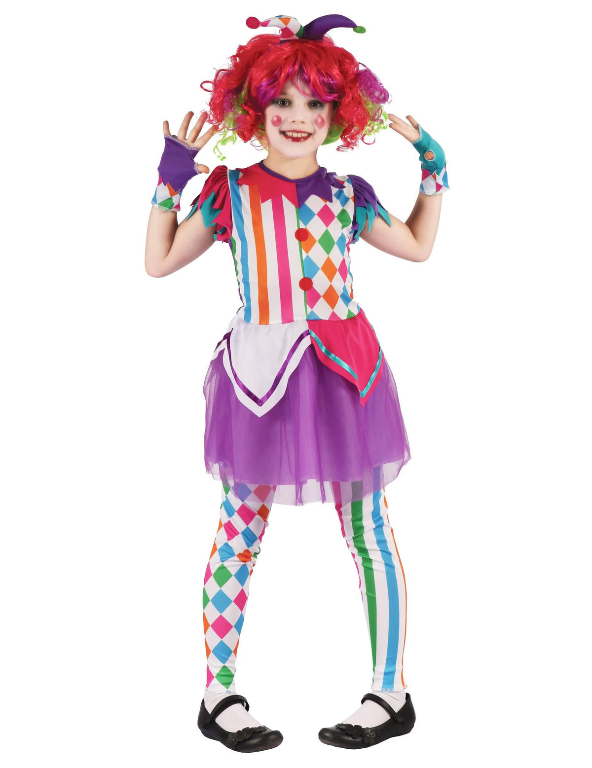 Costum de arlechină colorat pentru fată multicolor cu jupon mov și motive romburi