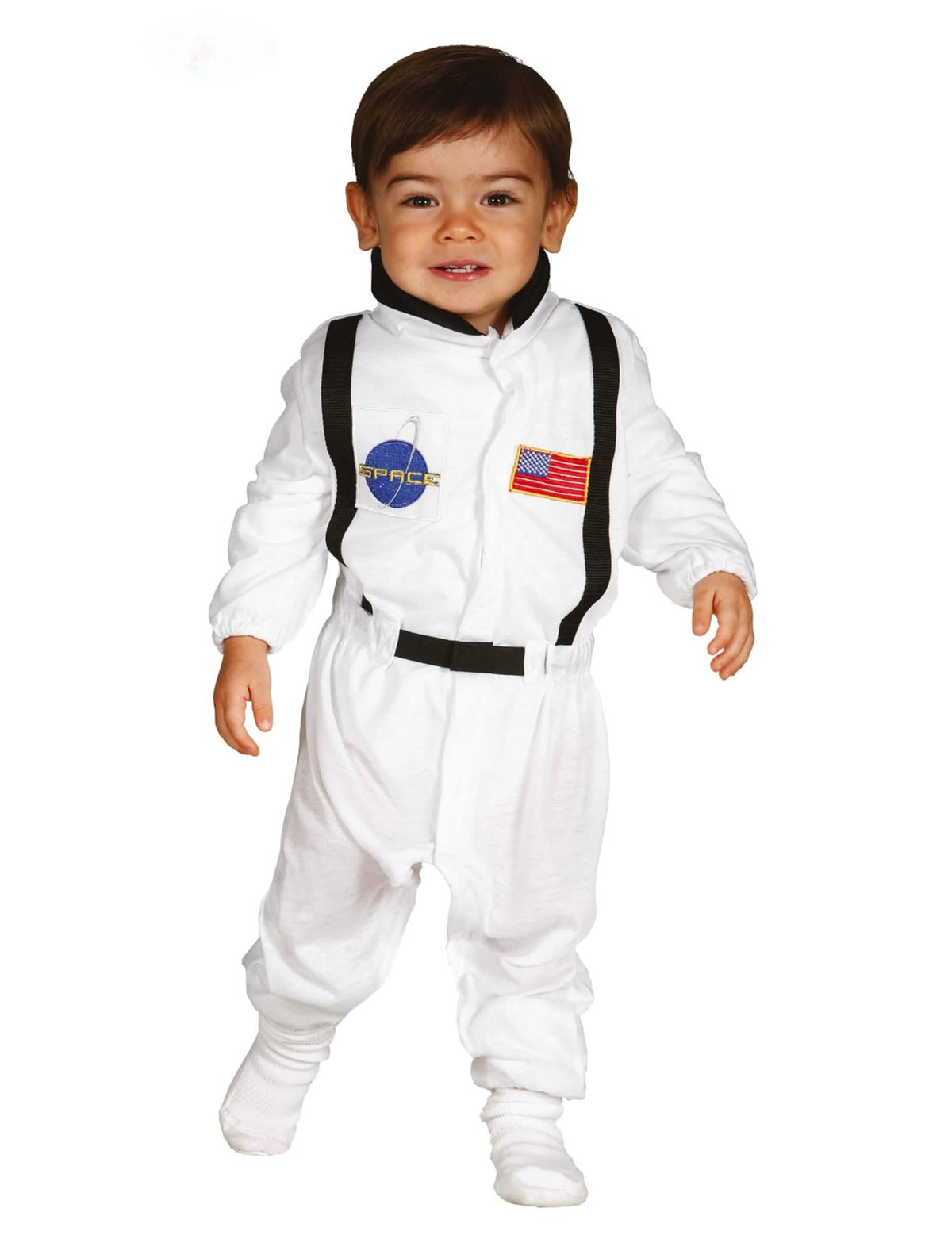 Costum de astronauți pentru bebeluș alb cu ecusoane și bretele negre