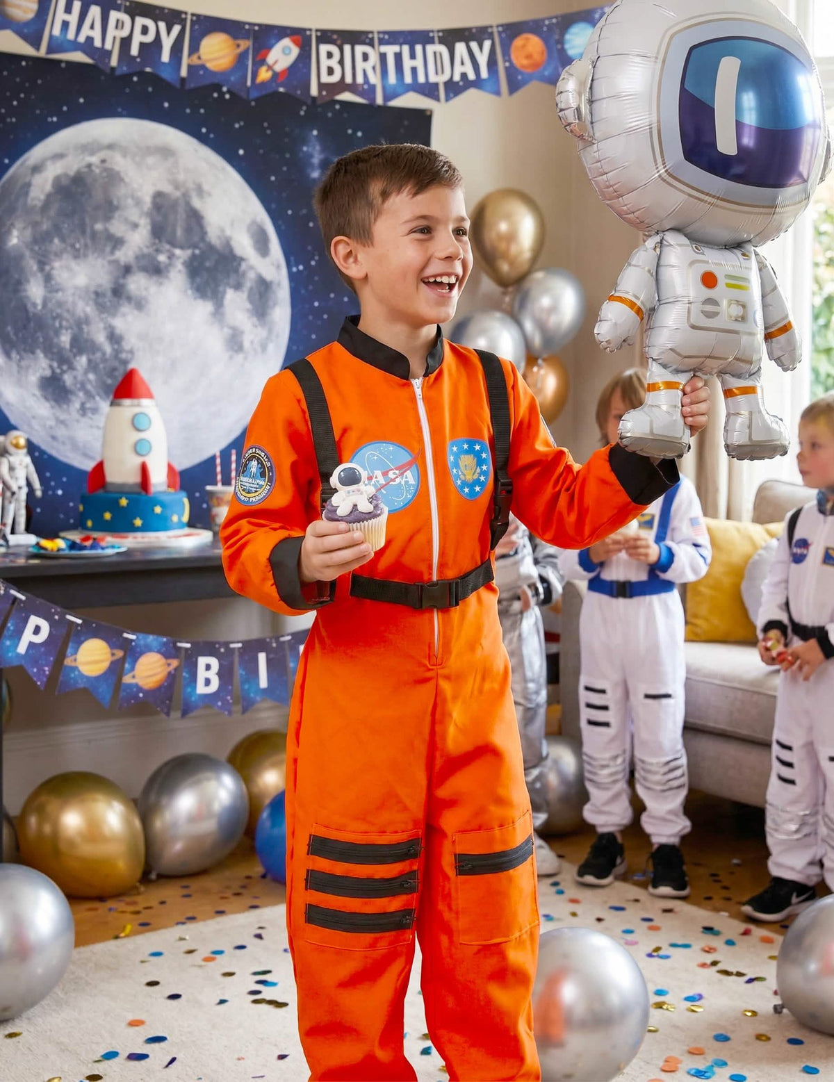 Amenajare de aniversare a costumului de astronaut pentru băiat portocaliu