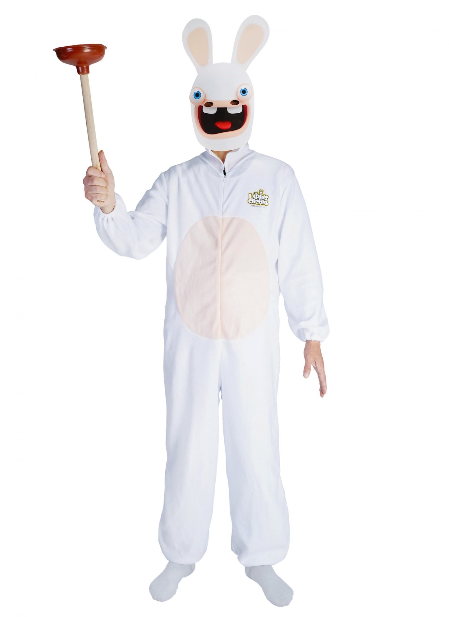 Déguisement avec masque Lapins Cretins pour adulte blanc avec ventouse