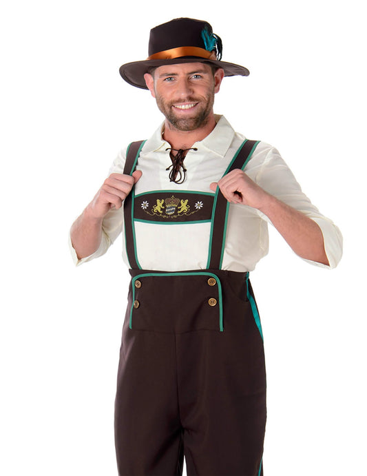 Détail des broderies et des bretelles du déguisement bavarois pour homme