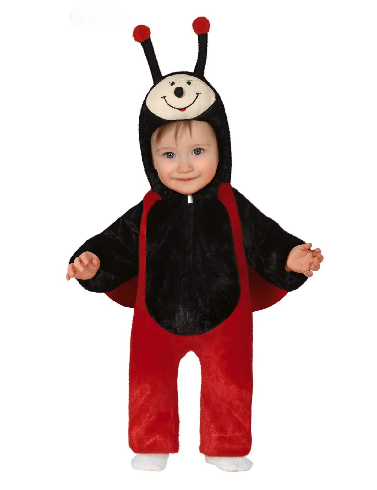 Costum de buburuze pentru bebeluș roșu și negru din pluș cu glugă cu antene