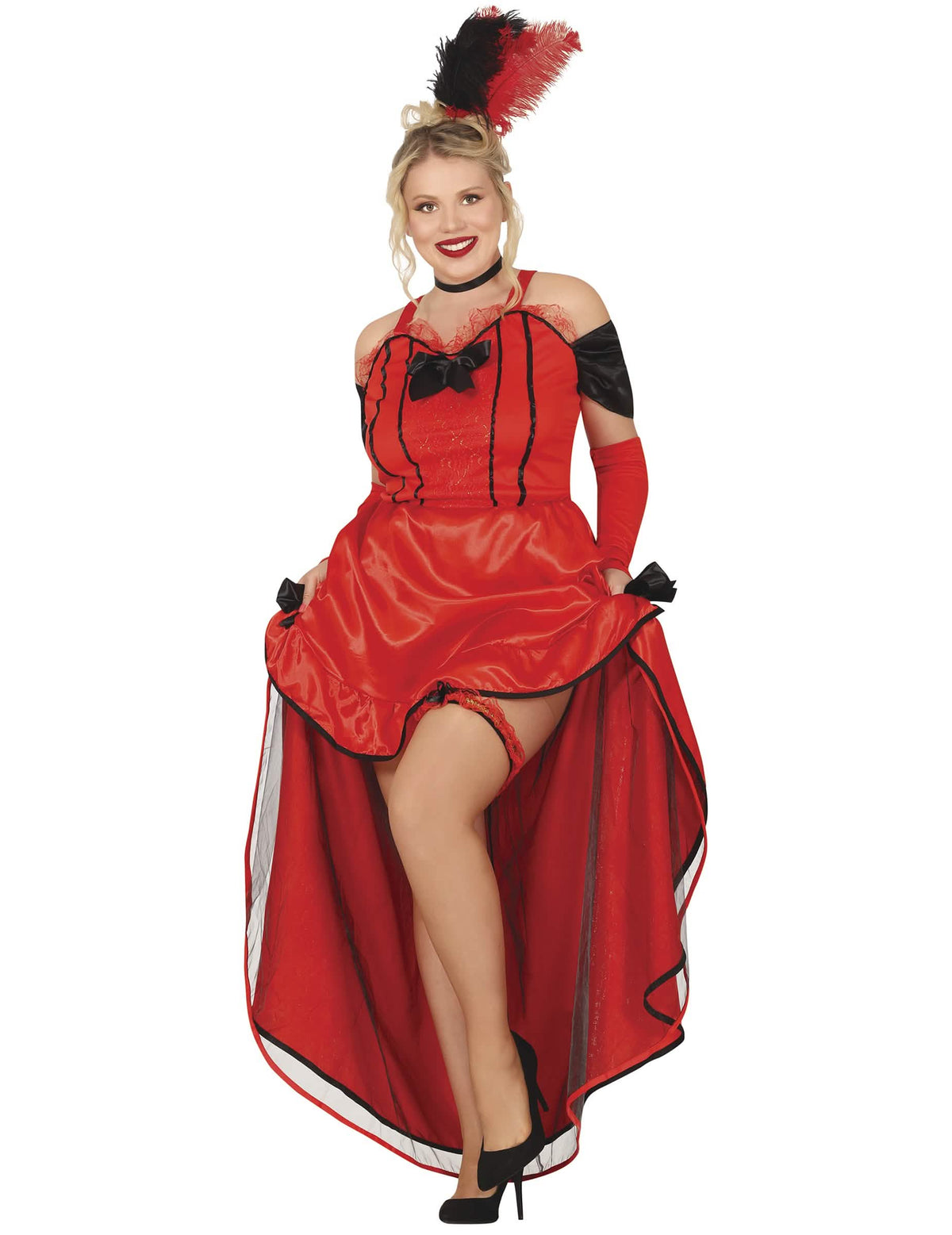 Vedere din față cu fusta ridicată a costumului cancan pentru femeie