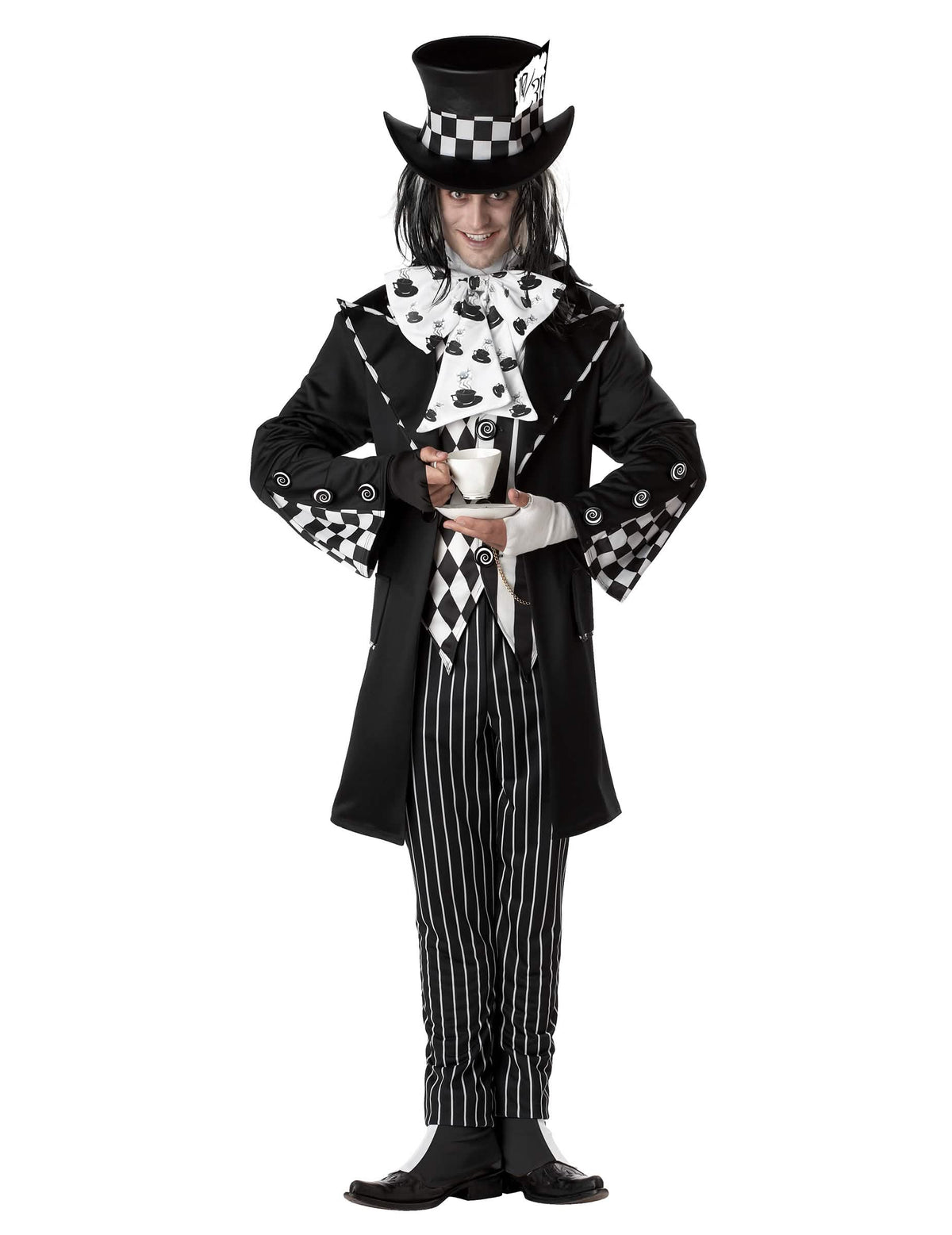 Costum de pălărier nebun pentru bărbat alb și negru cu pălărie înaltă