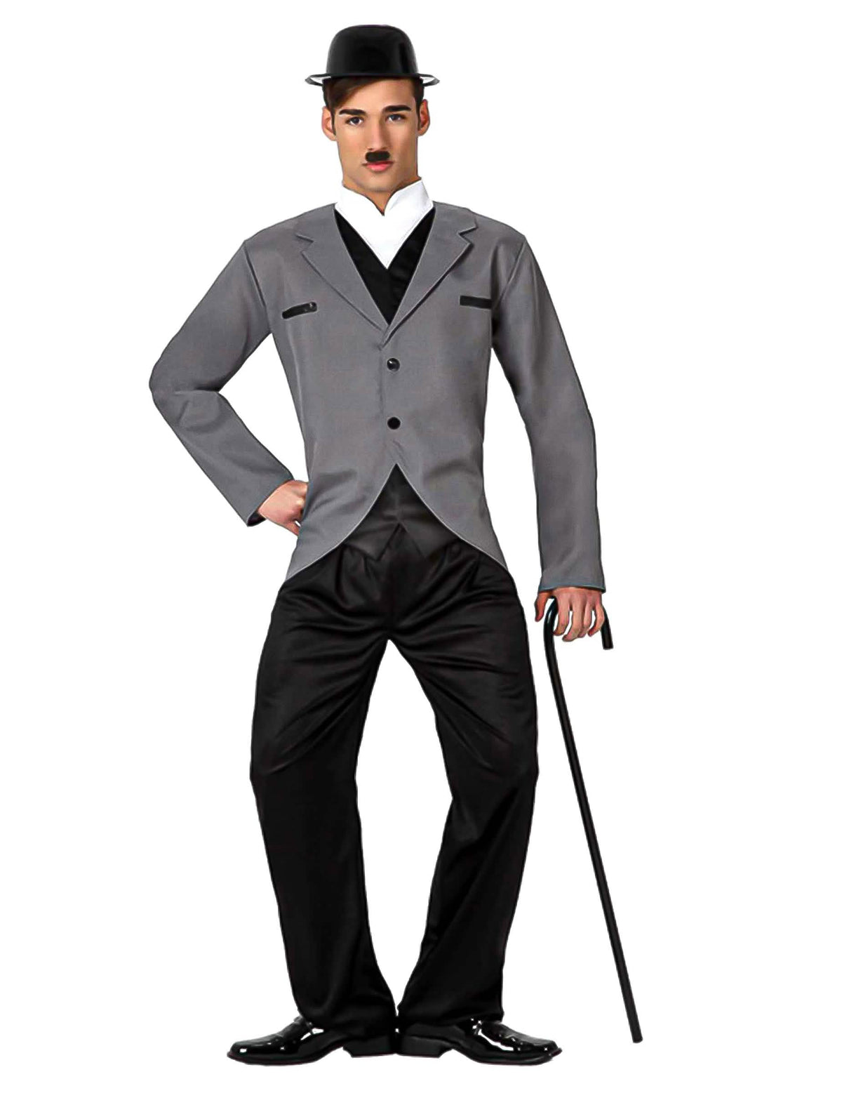 Costum de Charlie Chaplin dansator de stradă pentru bărbat gri și negru cu pălărie melon
