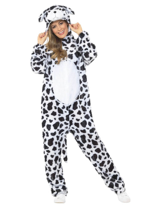 Vue de face du déguisement de chien dalmatien pour adulte