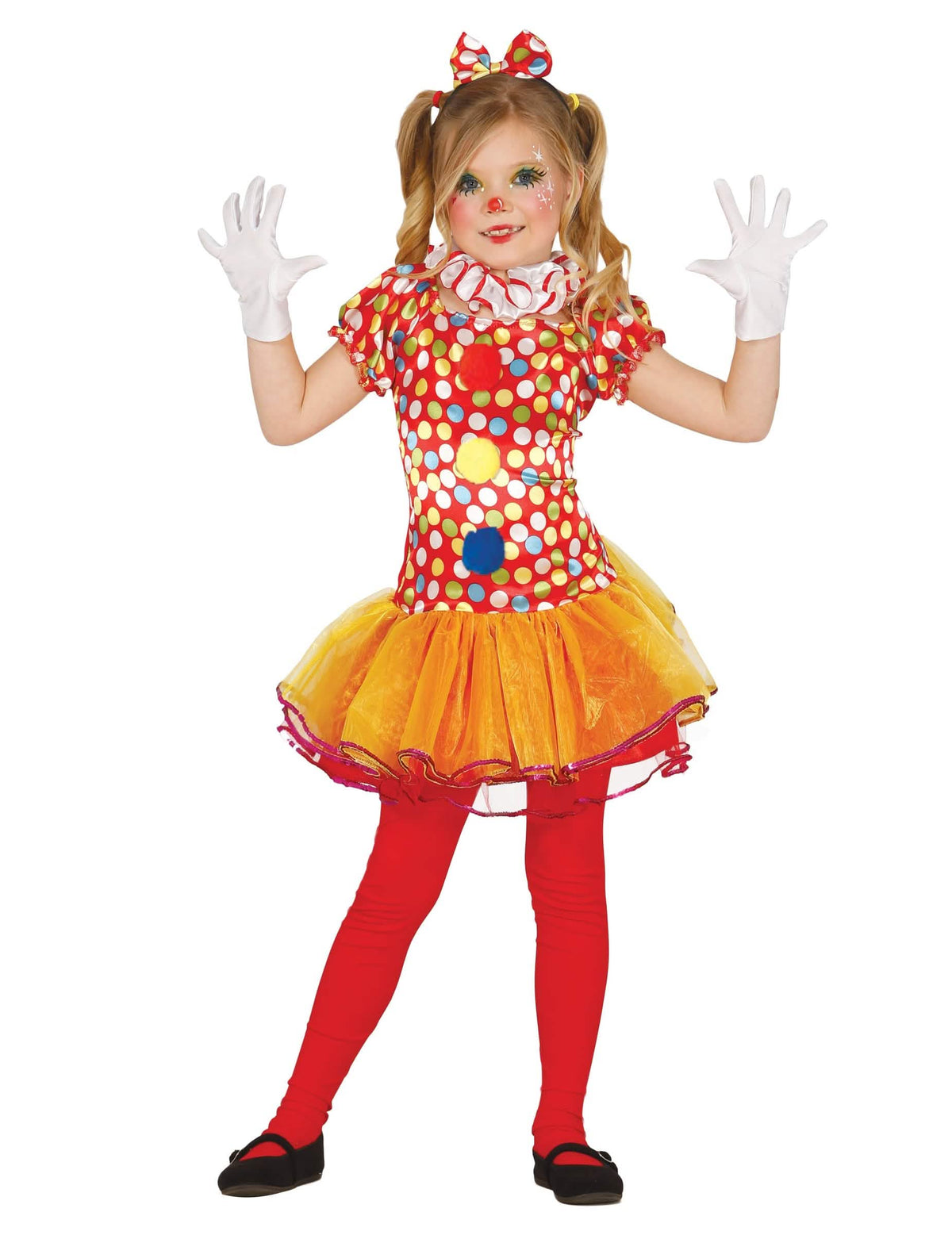 Costum de clovn multicolor cu tutu pentru fată roșu cu buline și jupon portocaliu