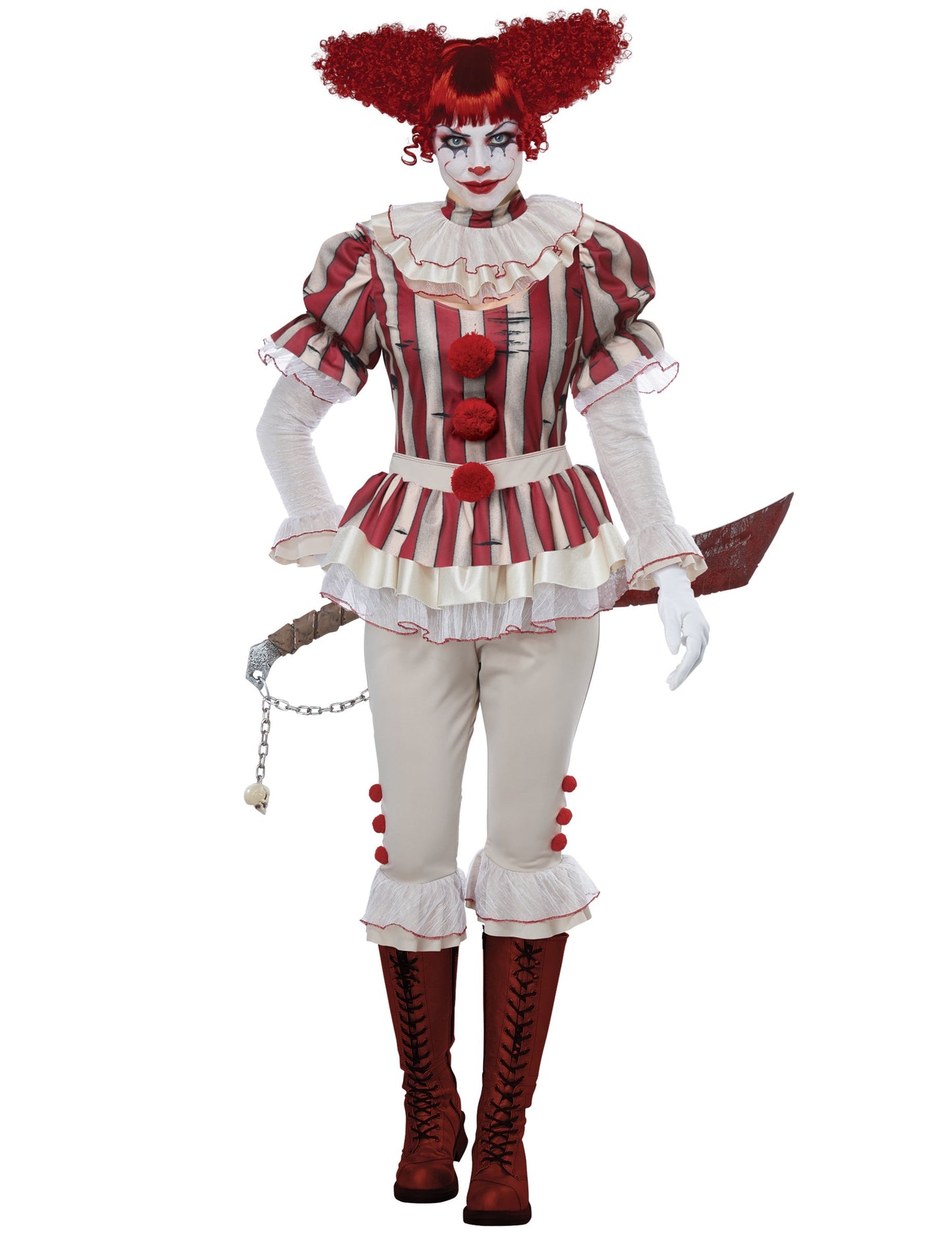 Costum de clovn psihopat cu dungi, lux, pentru femei, roșu și alb